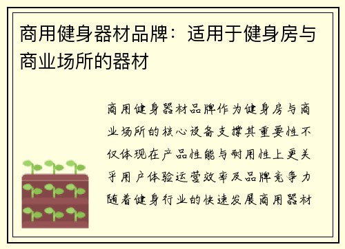 商用健身器材品牌：适用于健身房与商业场所的器材